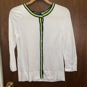 Pure amici size XS lightweight cotton cardigan white with green/navy trim